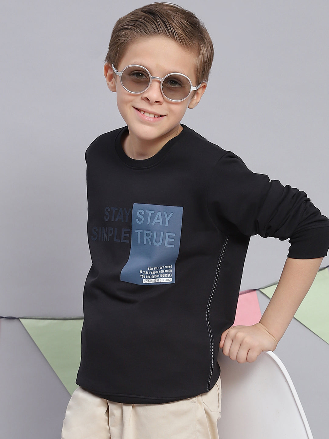 Boys Black Printed Round Neck Full Sleeve Sweatshirt