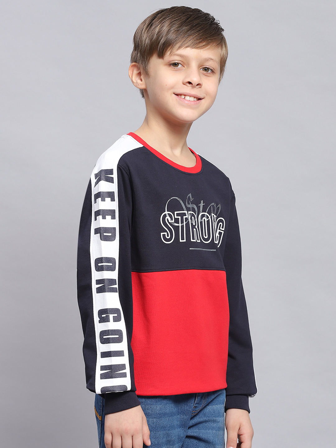 Boys Navy Blue Printed Round Neck Full Sleeve Sweatshirt