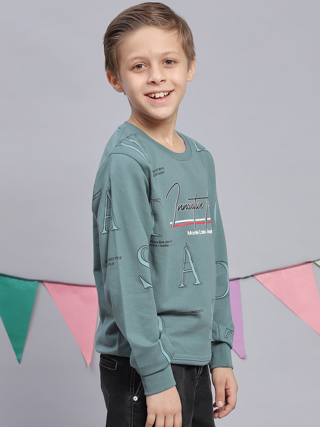 Boys Green Printed Round Neck Full Sleeve Sweatshirt