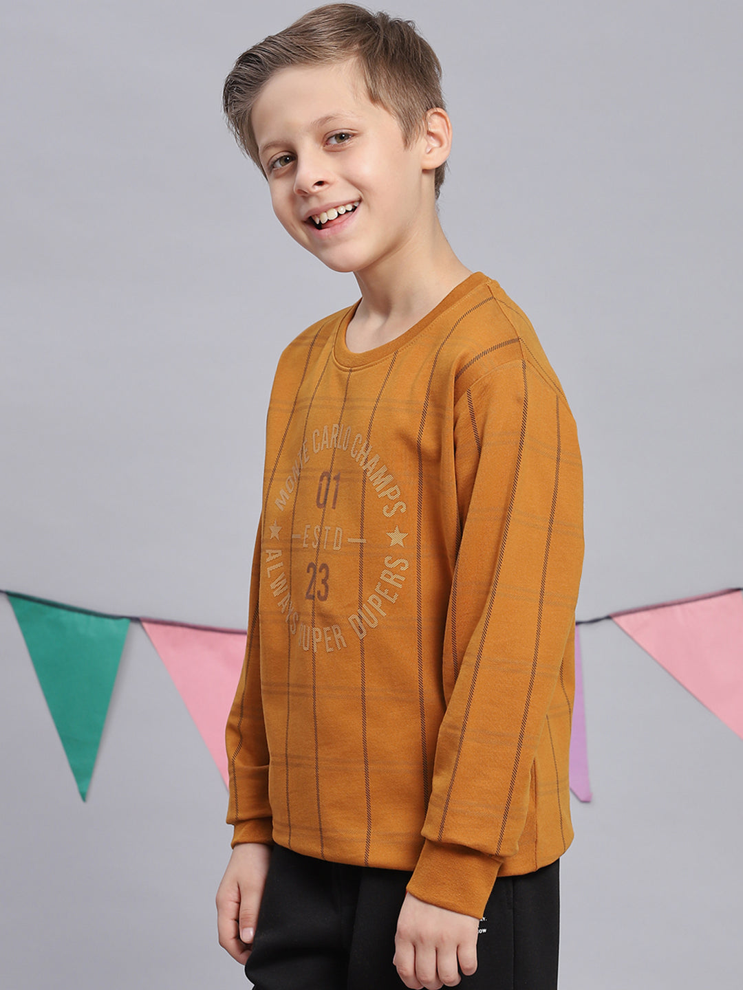 Boys Mustard Printed Round Neck Full Sleeve Sweatshirt