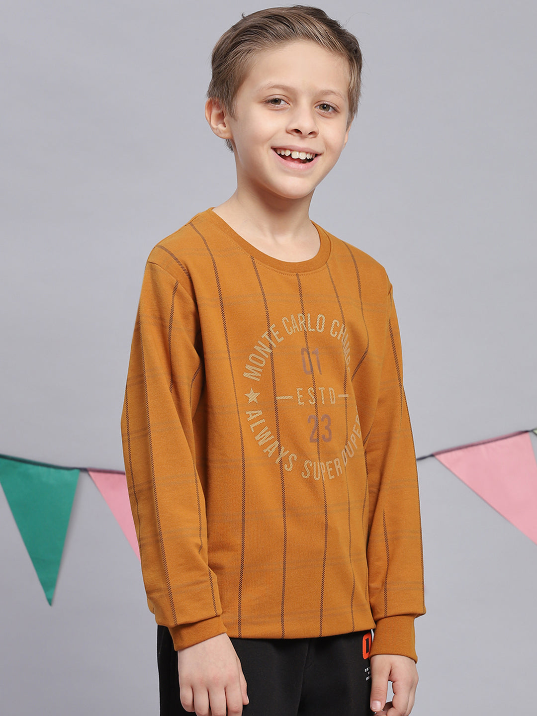Boys Mustard Printed Round Neck Full Sleeve Sweatshirt