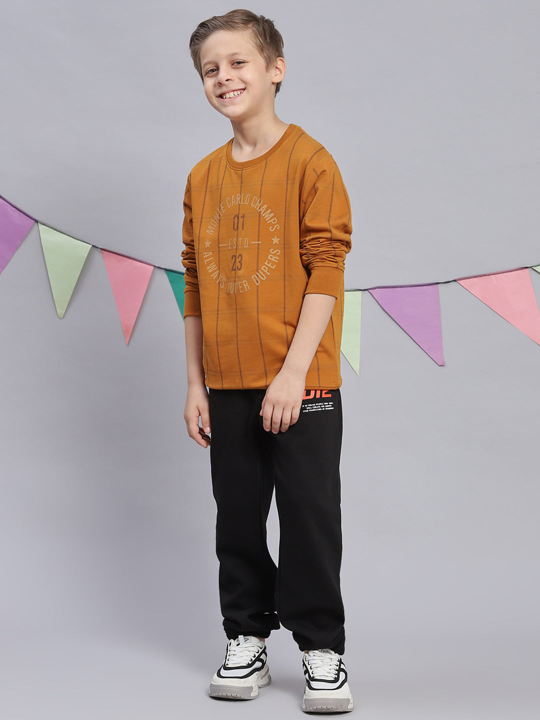 Boys Mustard Printed Round Neck Full Sleeve Sweatshirt