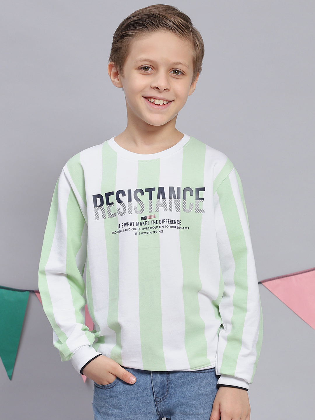 Boys Green Printed Round Neck Full Sleeve Sweatshirt