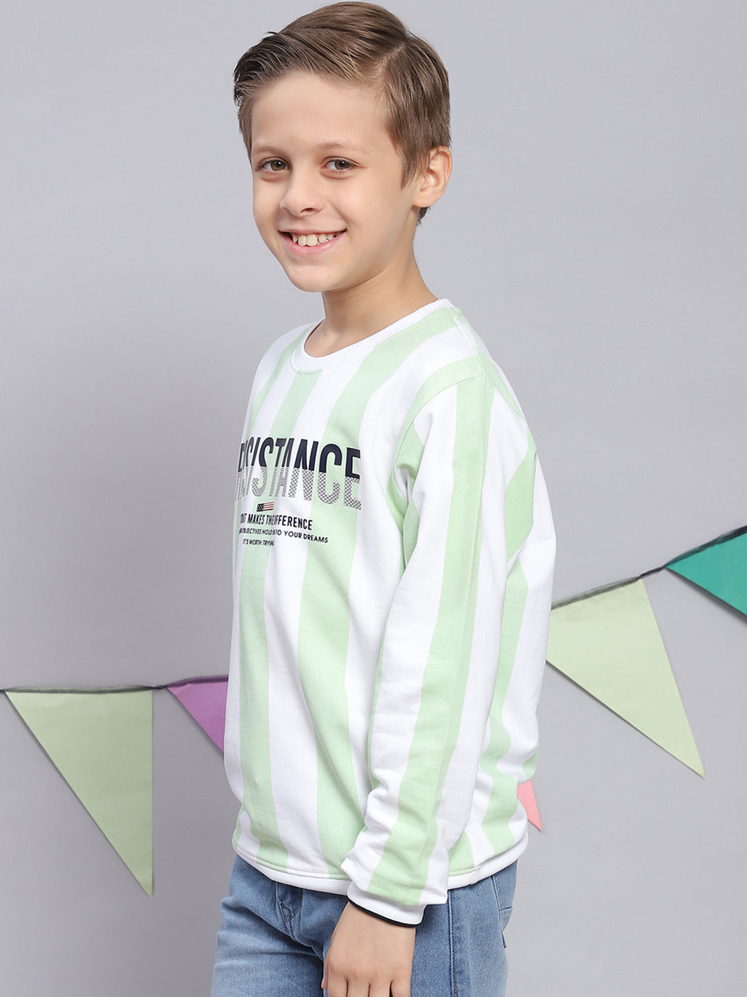 Boys Green Printed Round Neck Full Sleeve Sweatshirt