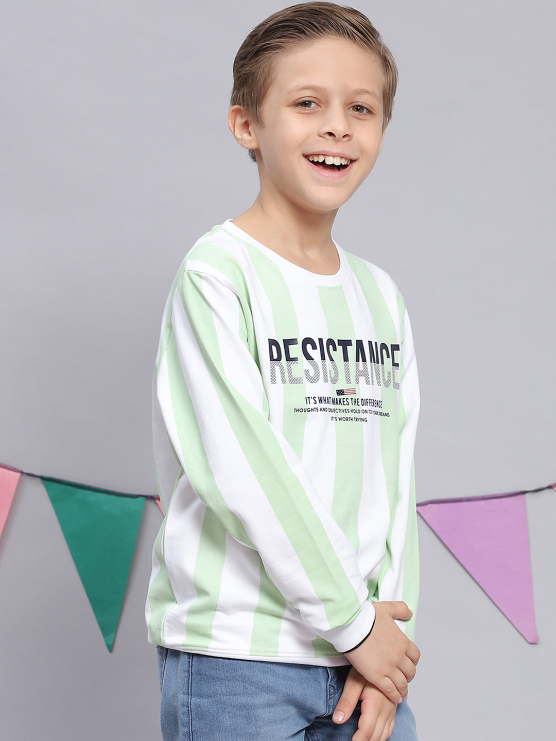 Boys Green Printed Round Neck Full Sleeve Sweatshirt