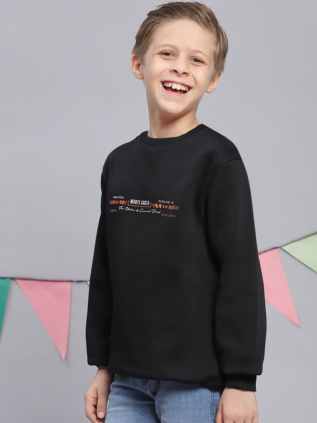 Boys Black Printed Round Neck Full Sleeve Sweatshirt
