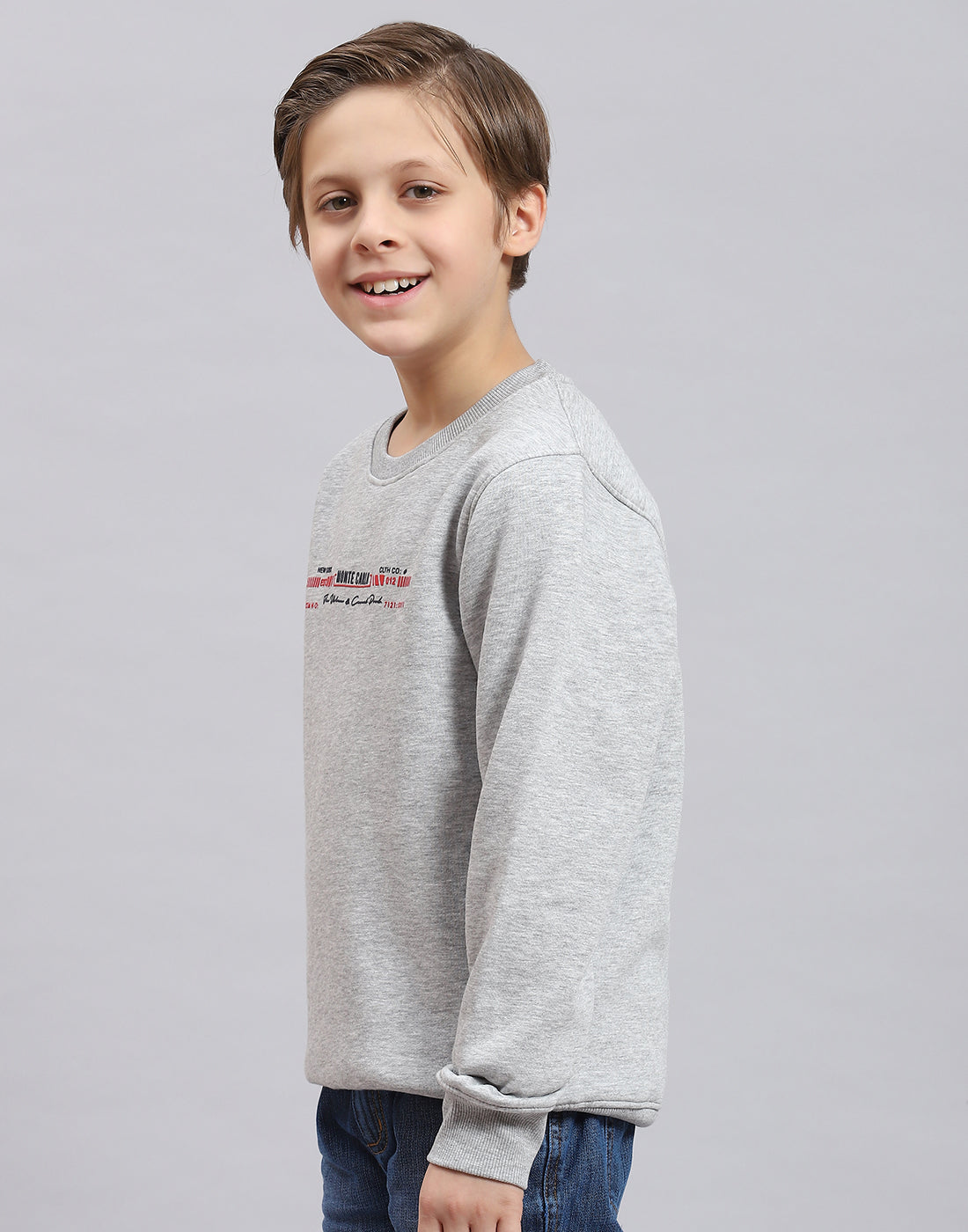 Boys Grey Melange Printed Round Neck Full Sleeve Sweatshirt