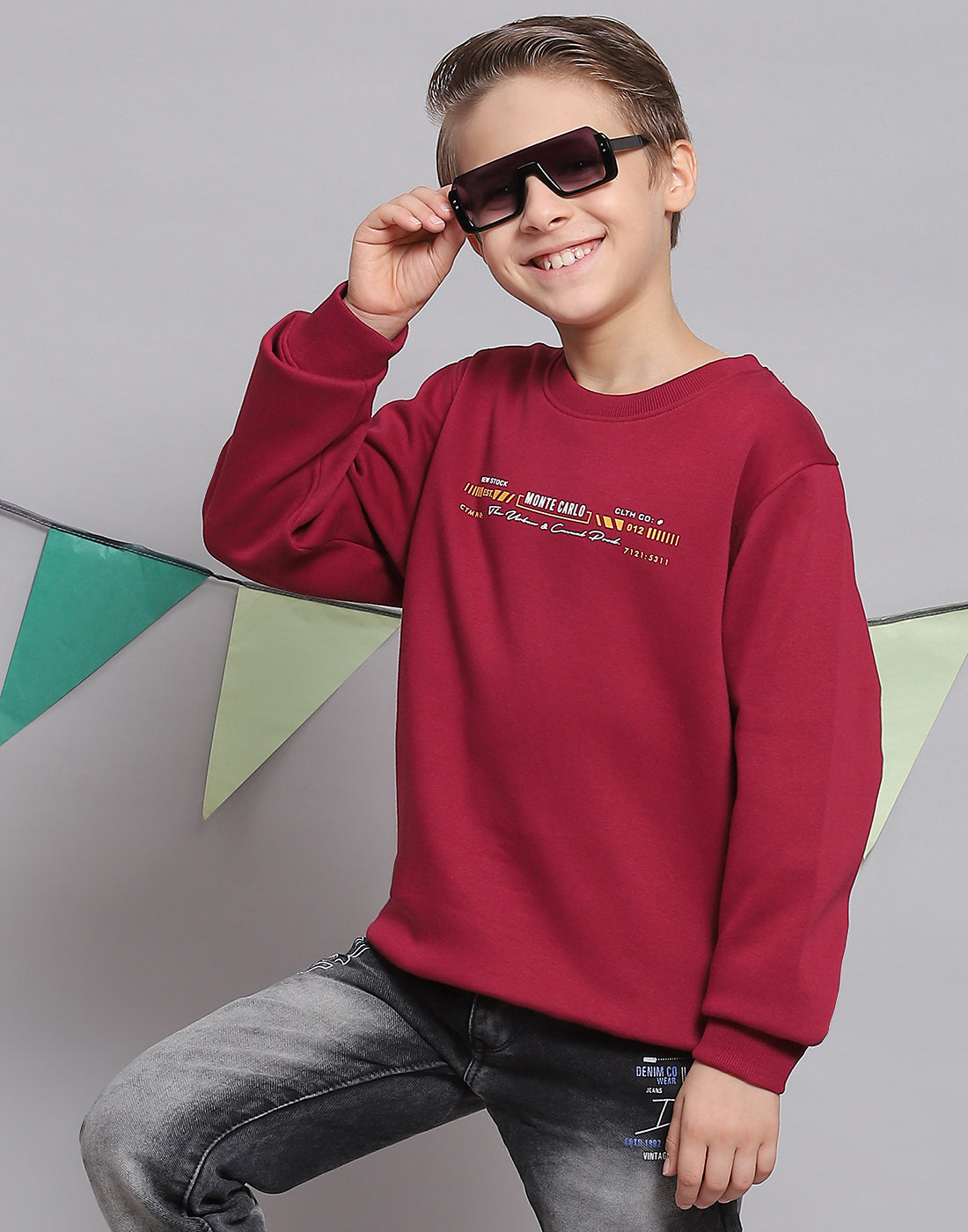 Boys Maroon Printed Round Neck Full Sleeve Sweatshirt