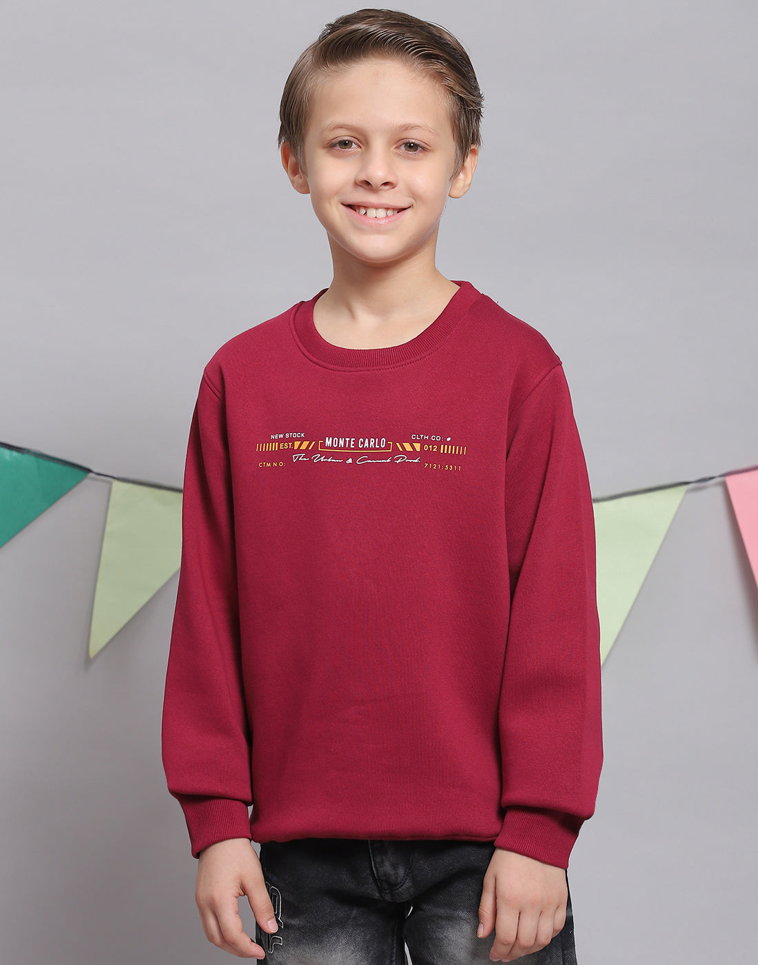 Boys Maroon Printed Round Neck Full Sleeve Sweatshirt