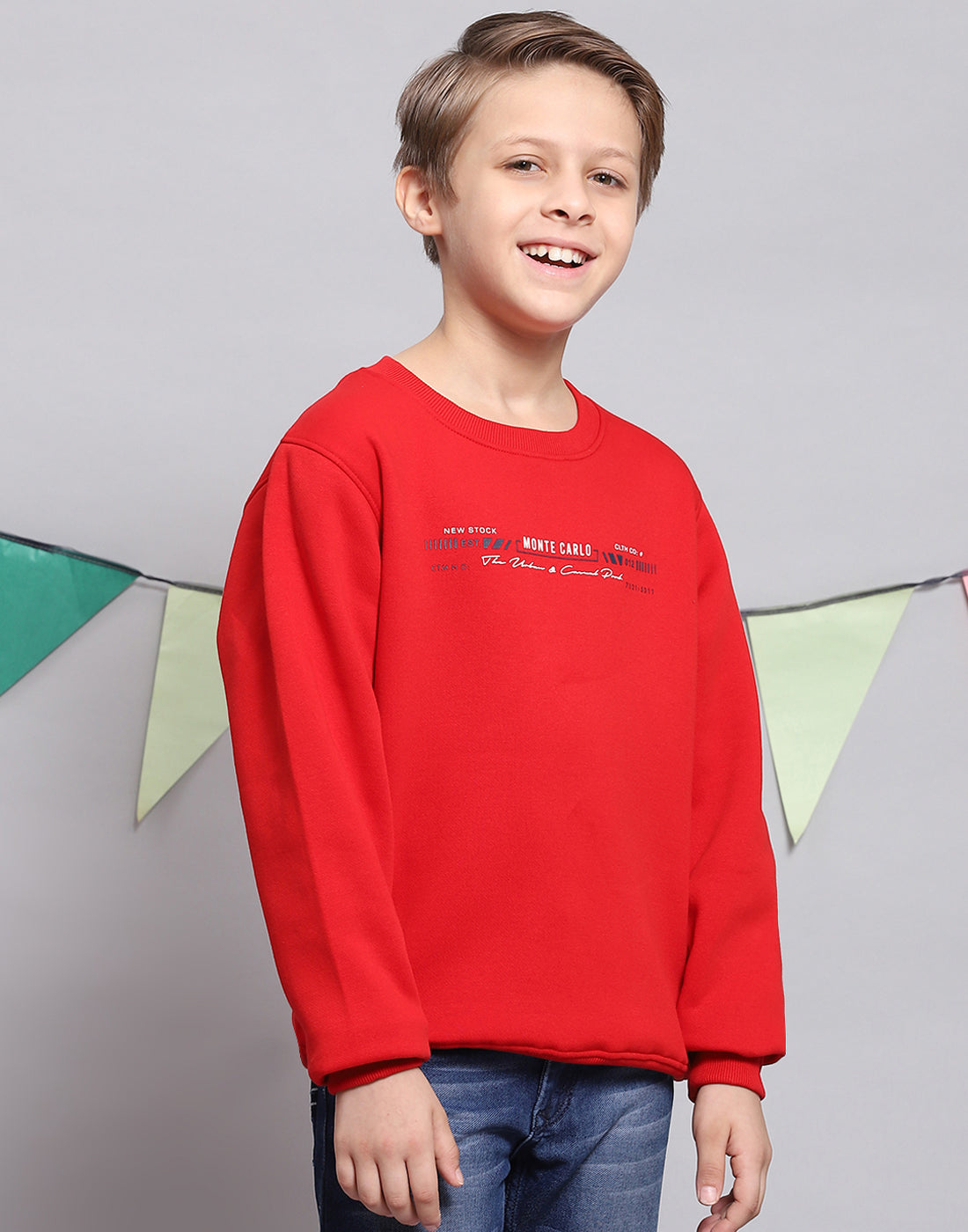 Boys Red Printed Round Neck Full Sleeve Sweatshirt