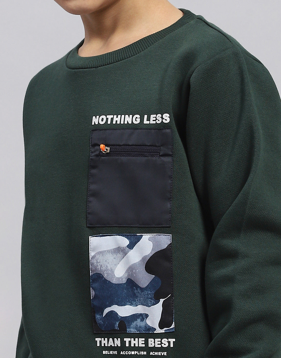 Boys Olive Printed Round Neck Full Sleeve Sweatshirt