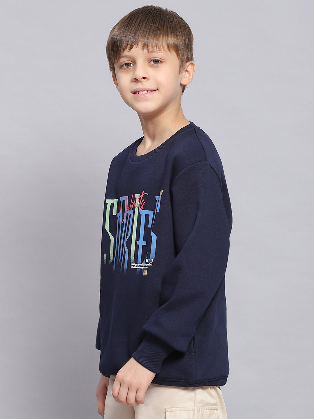 Boys Navy Blue Printed Round Neck Full Sleeve Sweatshirt