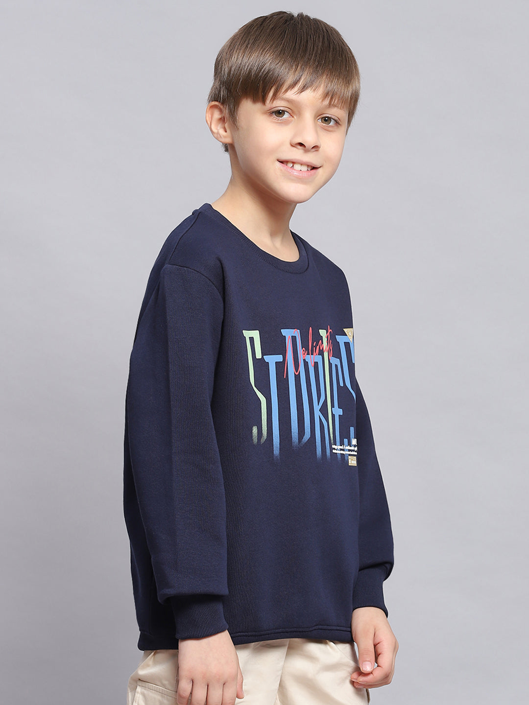 Boys Navy Blue Printed Round Neck Full Sleeve Sweatshirt