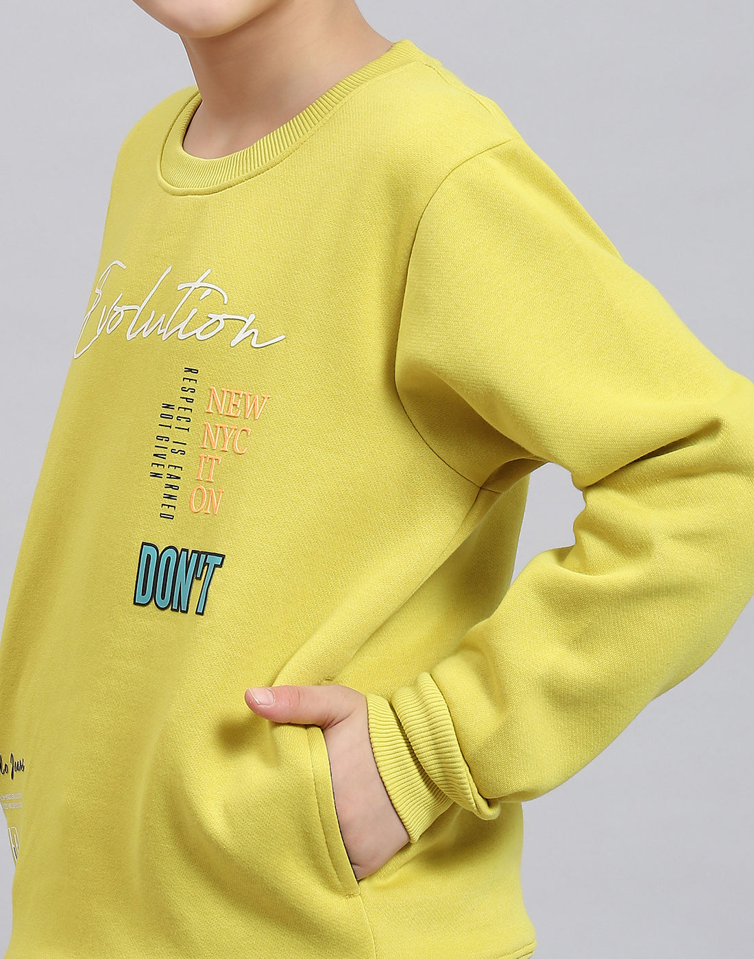 Boys Yellow Printed Round Neck Full Sleeve Sweatshirt
