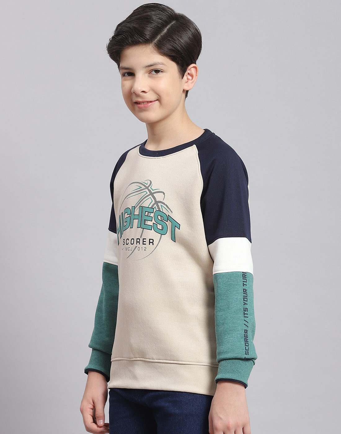 Boys Beige Printed Round Neck Full Sleeve Sweatshirt