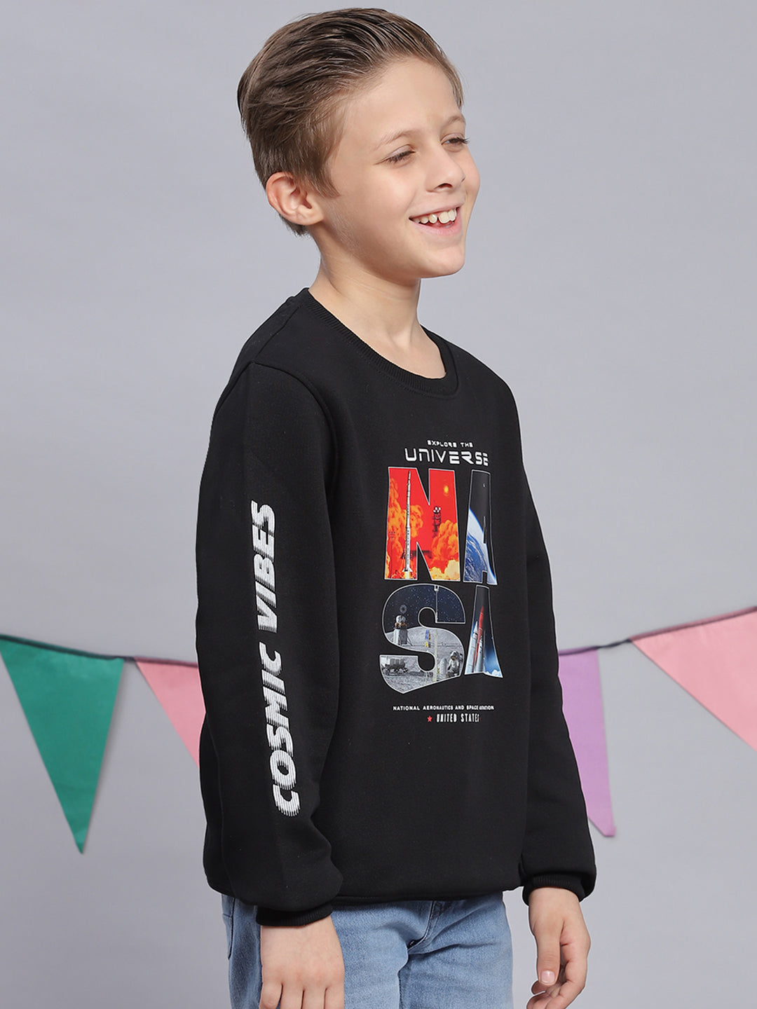 Boys Black Printed Round Neck Full Sleeve Sweatshirt