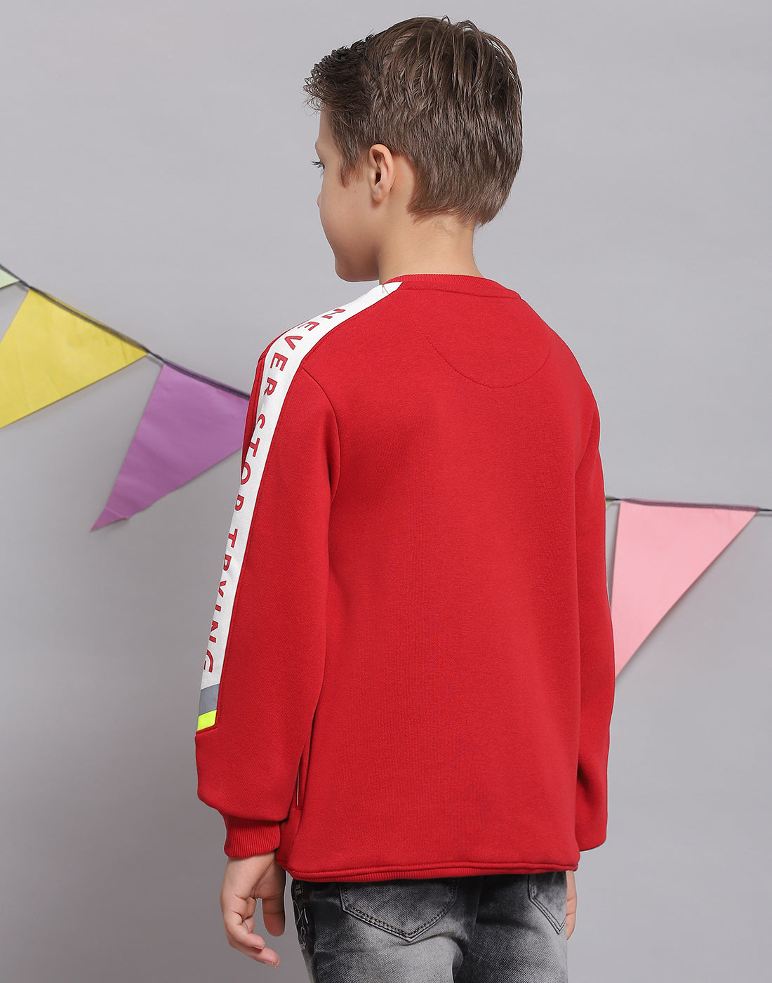Boys Red Printed Round Neck Full Sleeve Sweatshirt