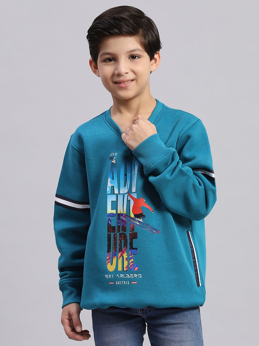 Boys Teal Blue Printed Round Neck Full Sleeve Sweatshirt