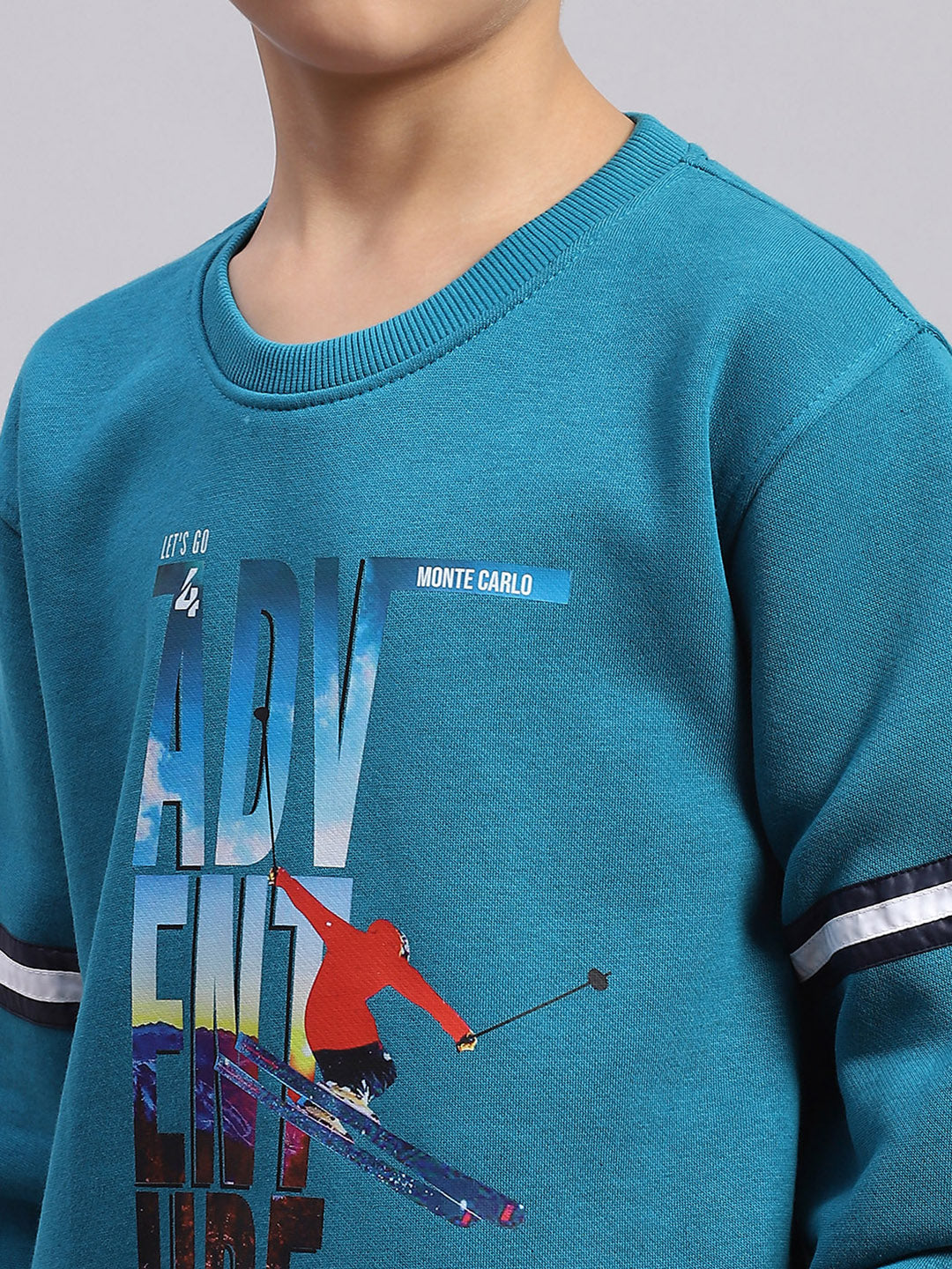 Boys Teal Blue Printed Round Neck Full Sleeve Sweatshirt