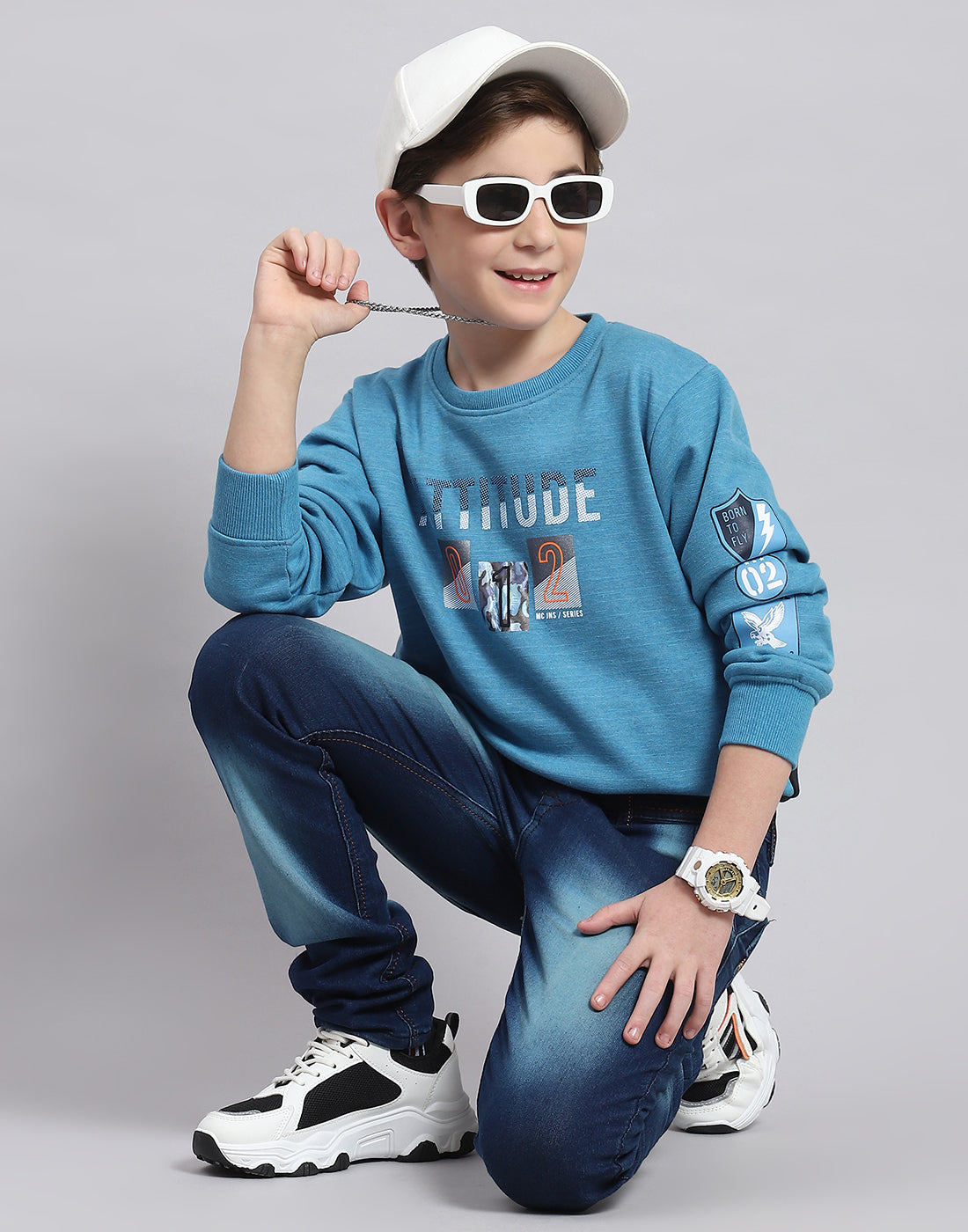 Boys Blue Printed Round Neck Full Sleeve Sweatshirt