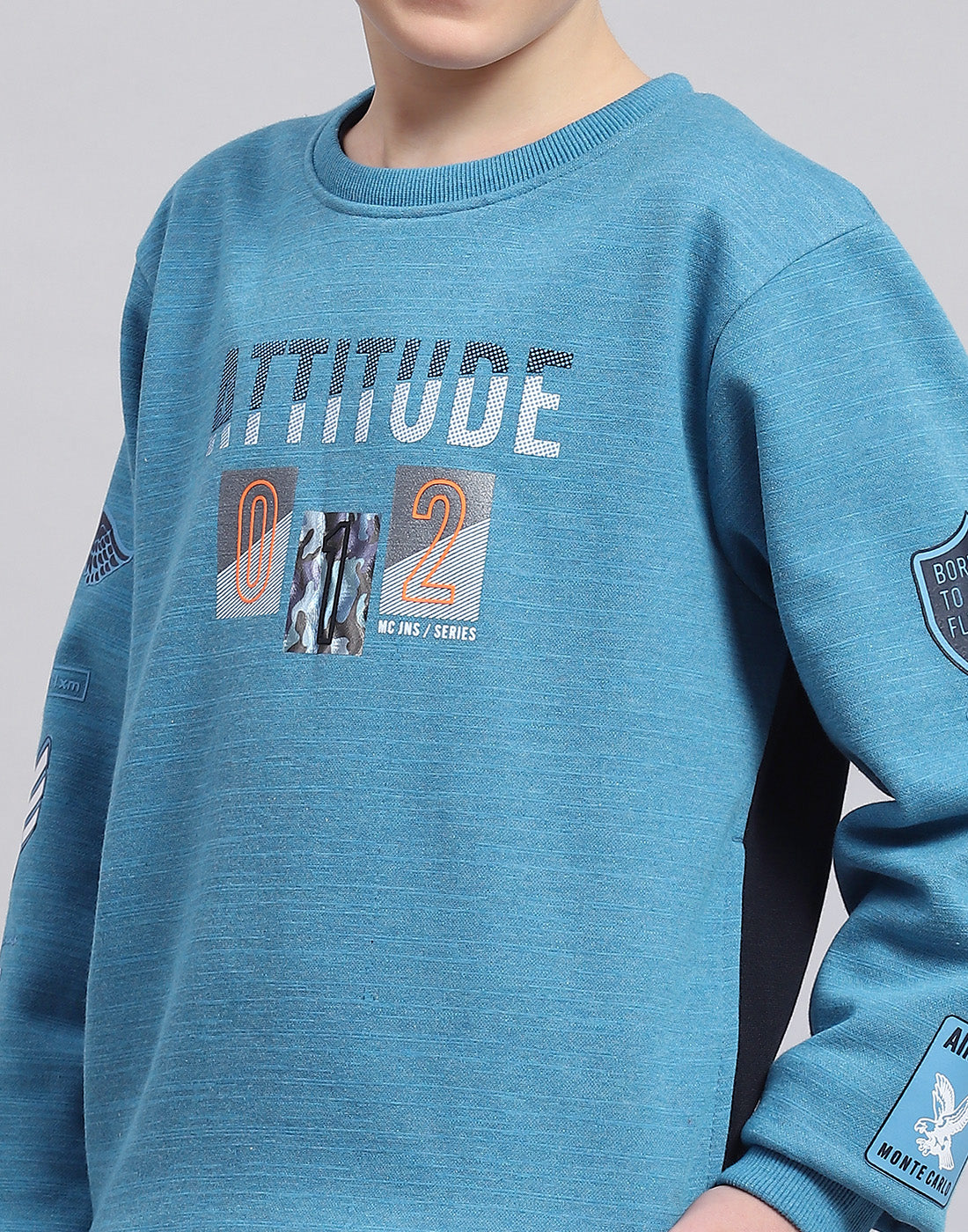 Boys Blue Printed Round Neck Full Sleeve Sweatshirt