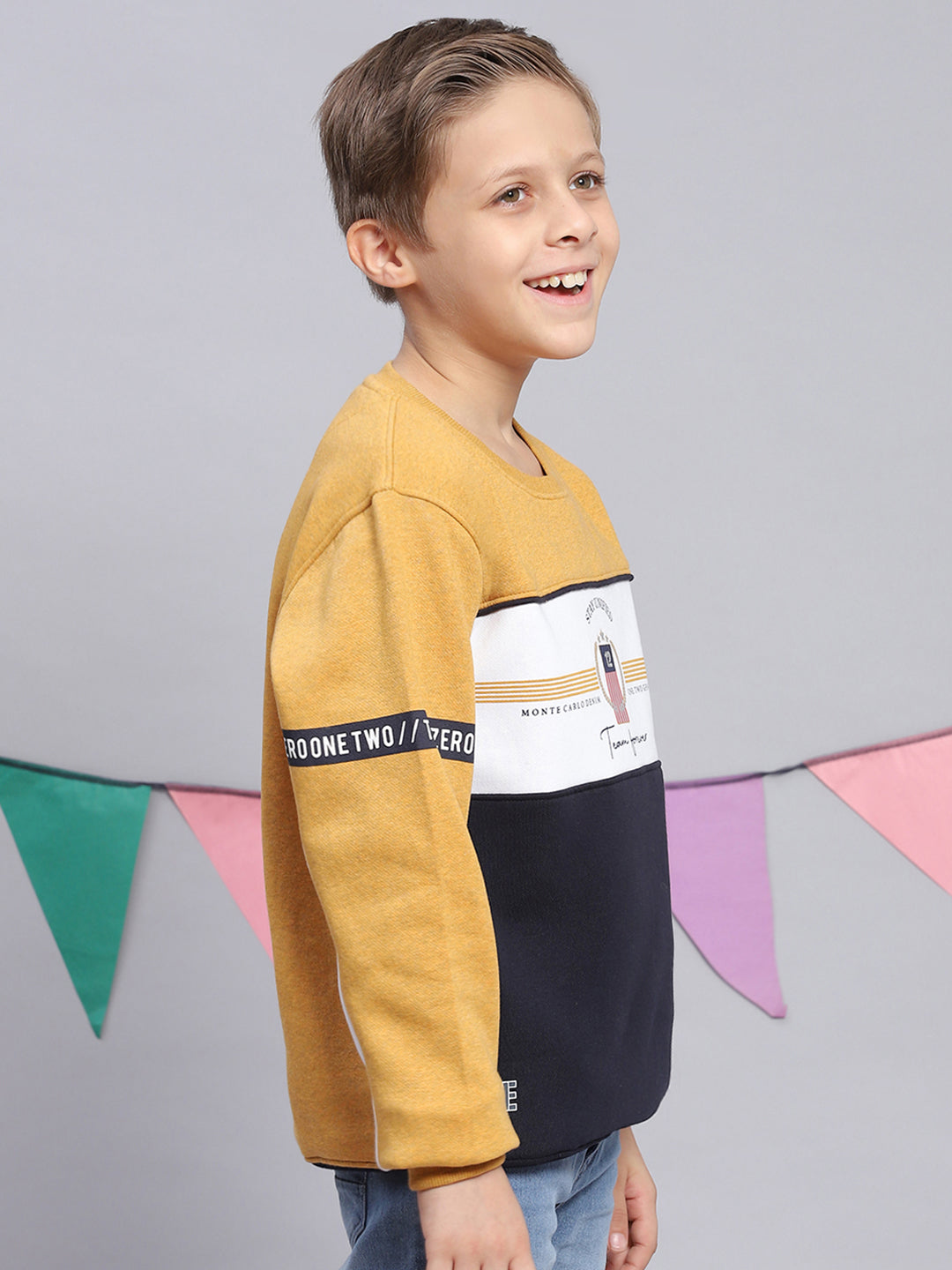 Boys Mustard Printed Round Neck Full Sleeve Sweatshirt