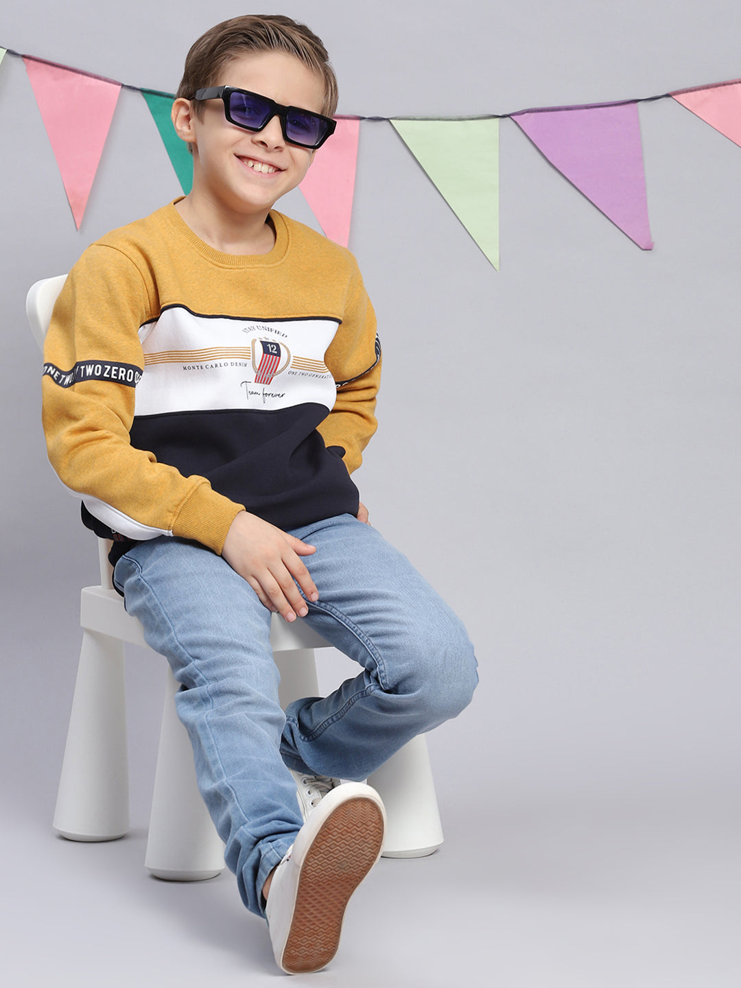 Boys Mustard Printed Round Neck Full Sleeve Sweatshirt
