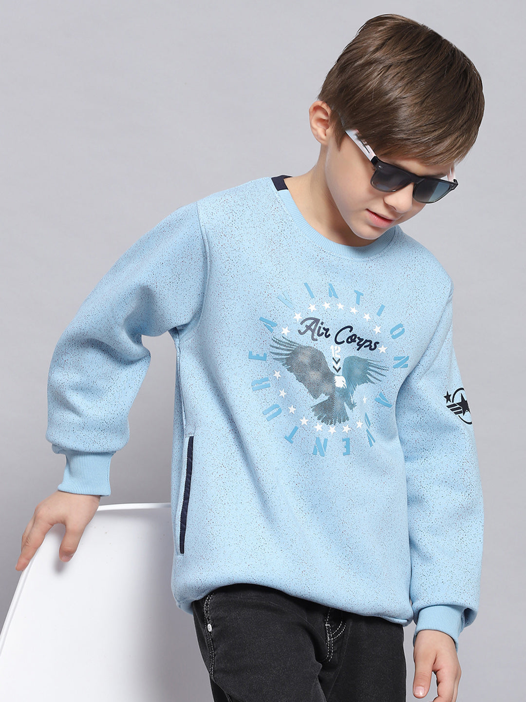 Boys Blue Printed Round Neck Full Sleeve Sweatshirt