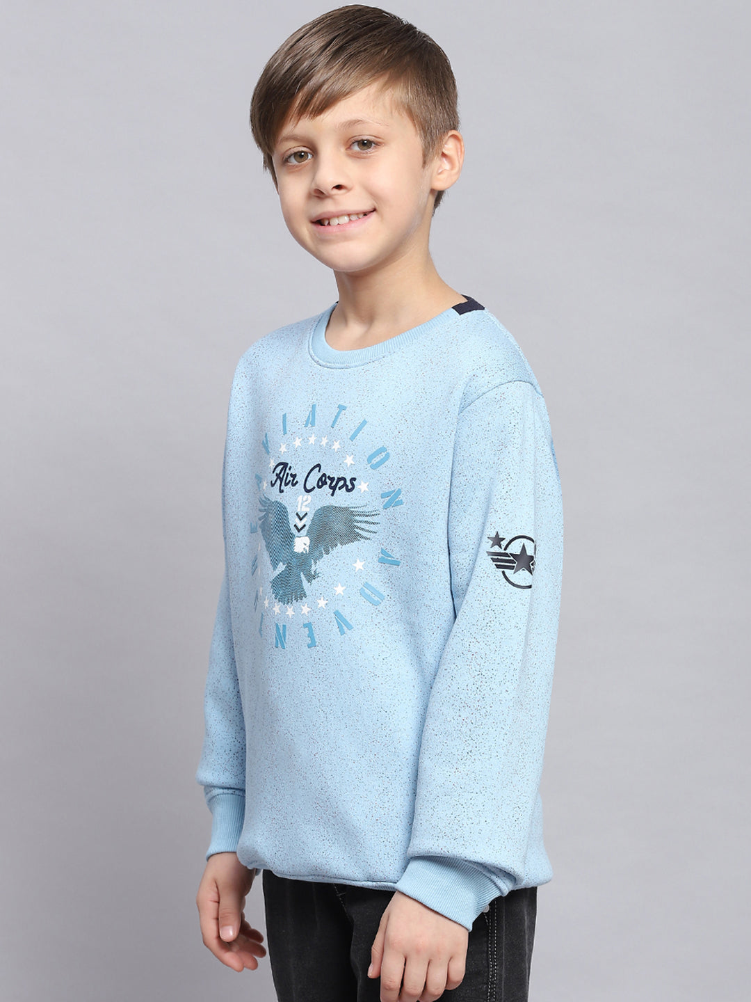 Boys Blue Printed Round Neck Full Sleeve Sweatshirt