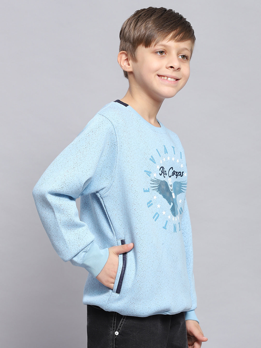 Boys Blue Printed Round Neck Full Sleeve Sweatshirt