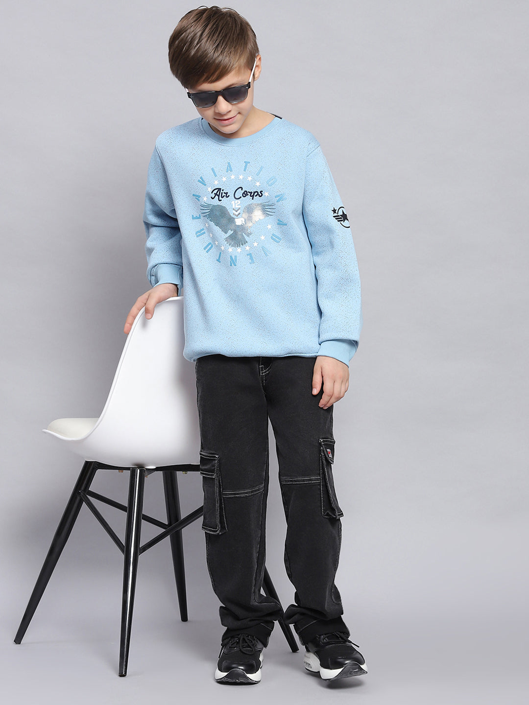 Boys Blue Printed Round Neck Full Sleeve Sweatshirt