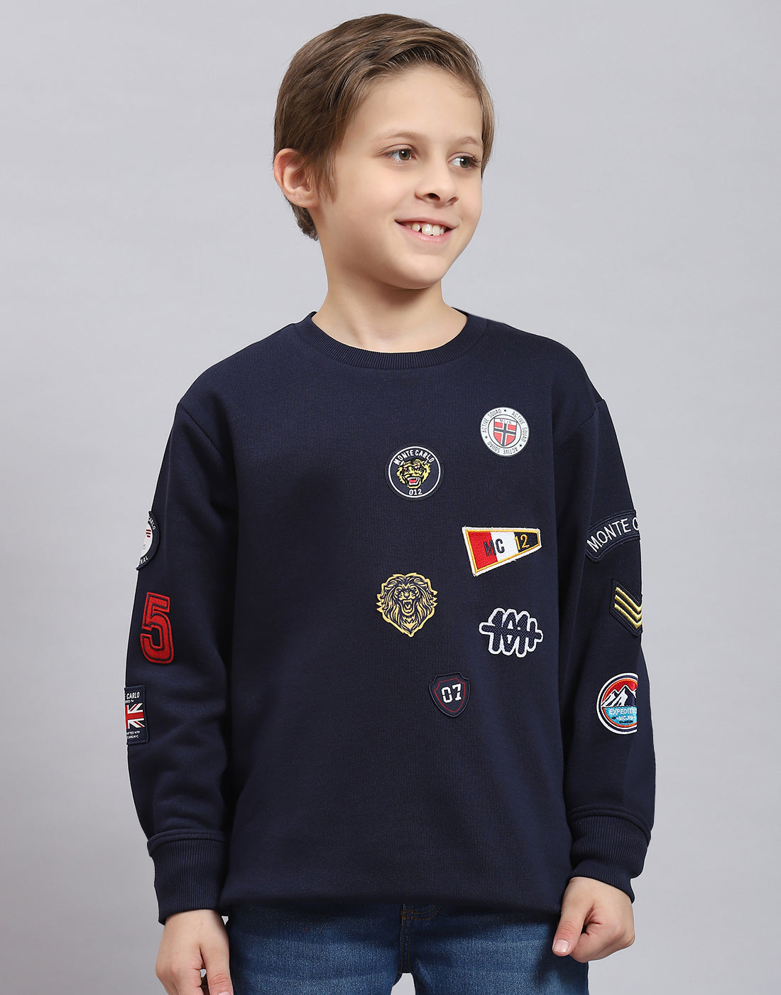 Boys Navy Blue Printed Round Neck Full Sleeve Sweatshirt