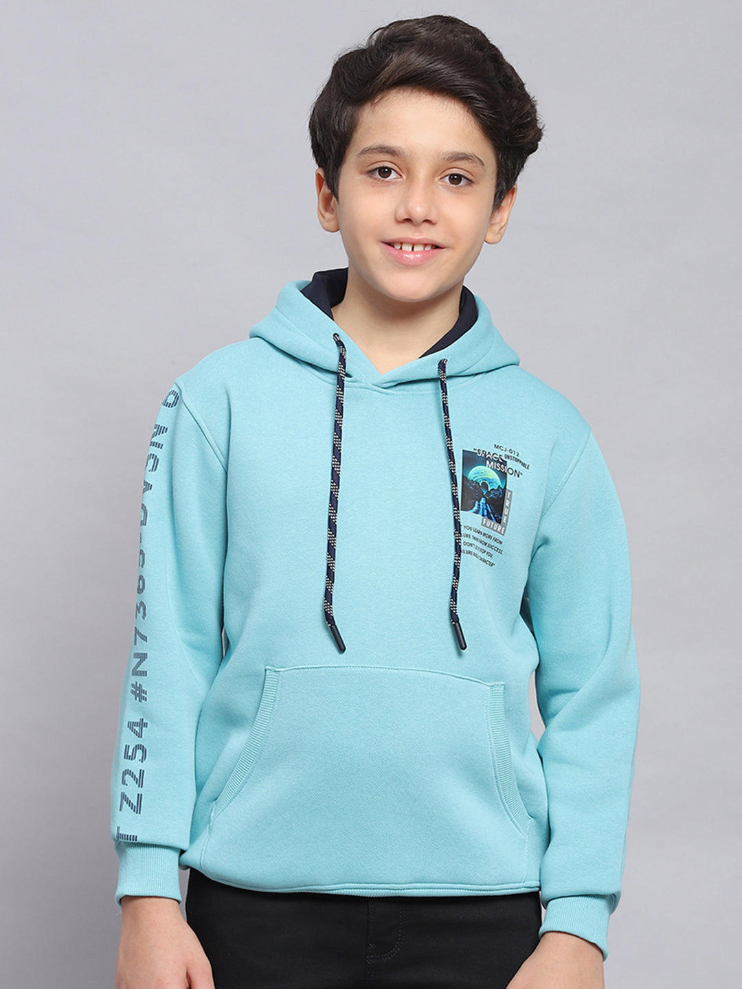 Boys Blue Printed Hooded Full Sleeve Sweatshirt
