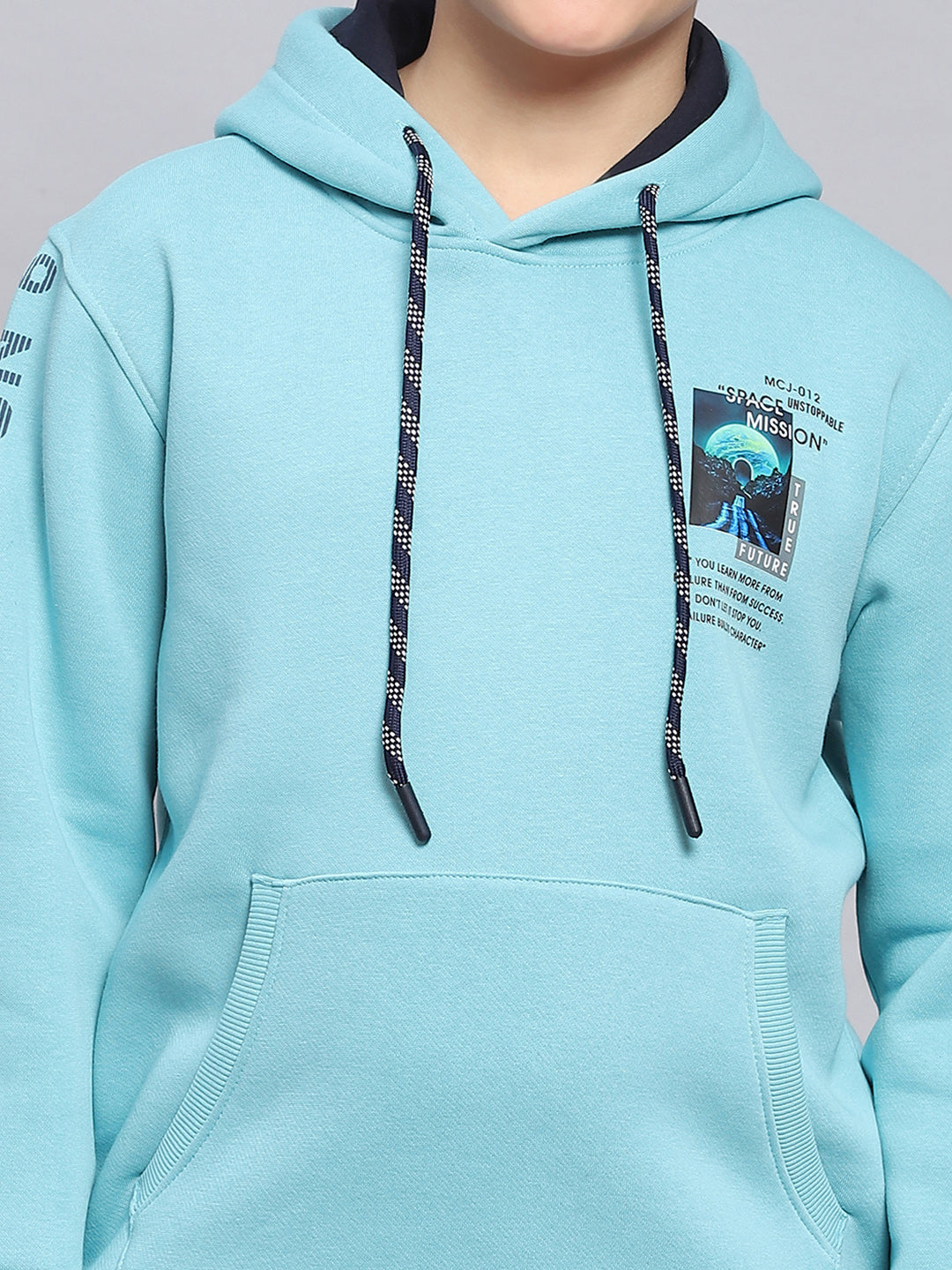 Boys Blue Printed Hooded Full Sleeve Sweatshirt