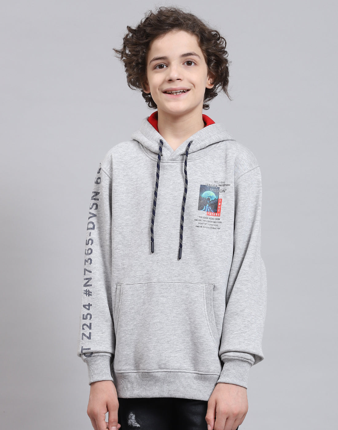 Boys Grey Melange Printed Round Neck Full Sleeve Sweatshirt