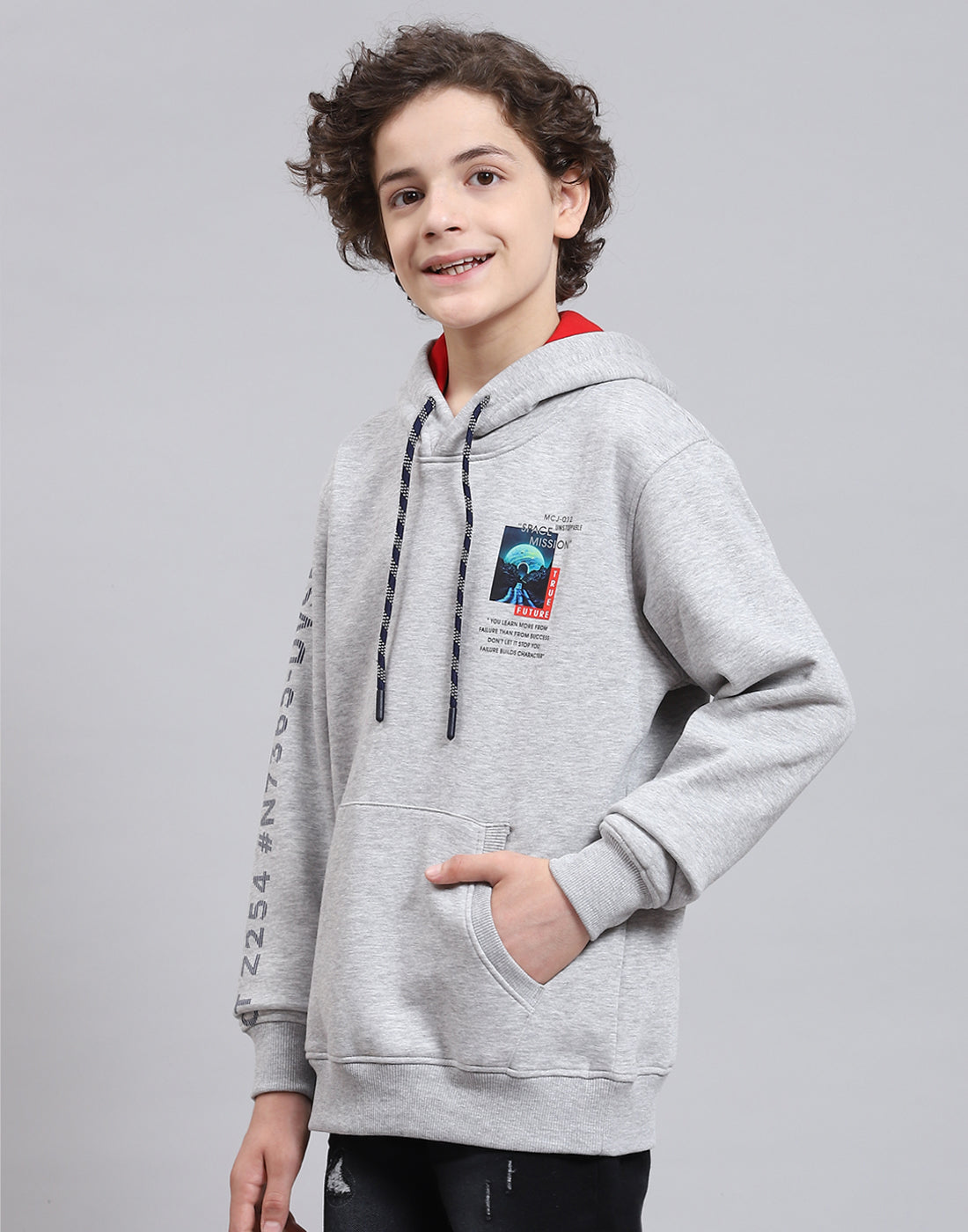 Boys Grey Melange Printed Round Neck Full Sleeve Sweatshirt