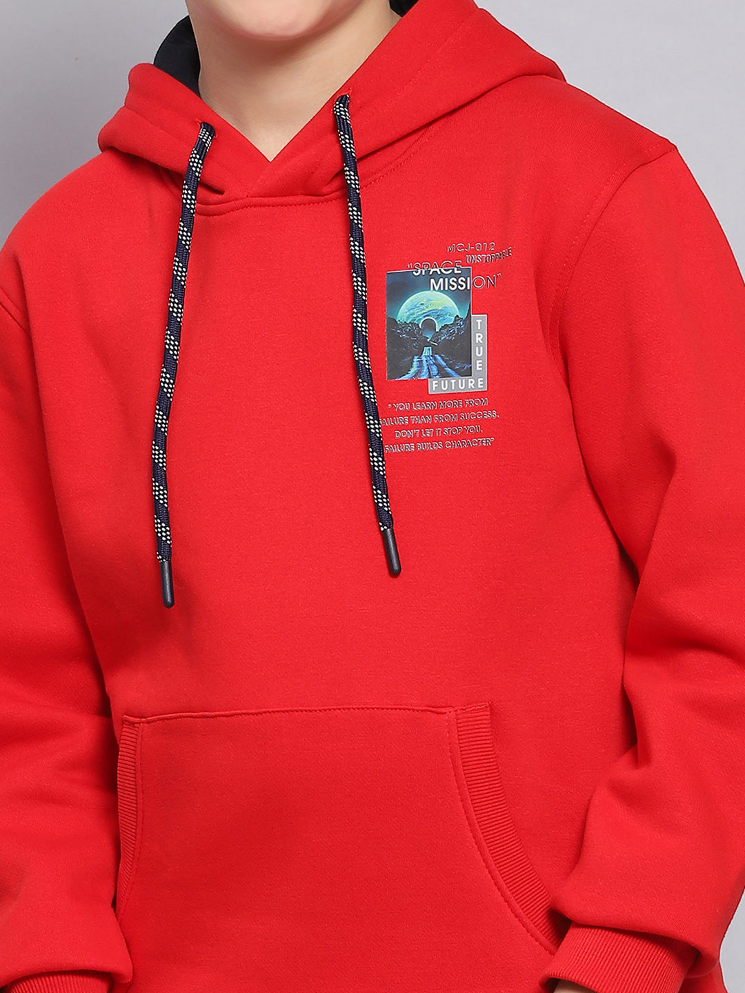 Boys Red Printed Hooded Full Sleeve Sweatshirt