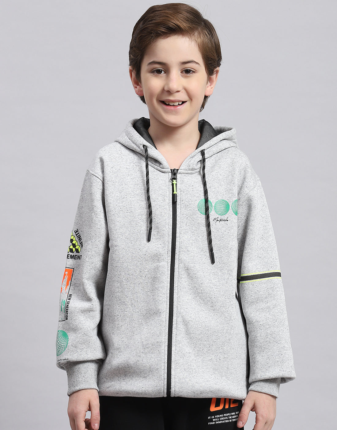 Boys Grey Melange Printed Hooded Full Sleeve Sweatshirt