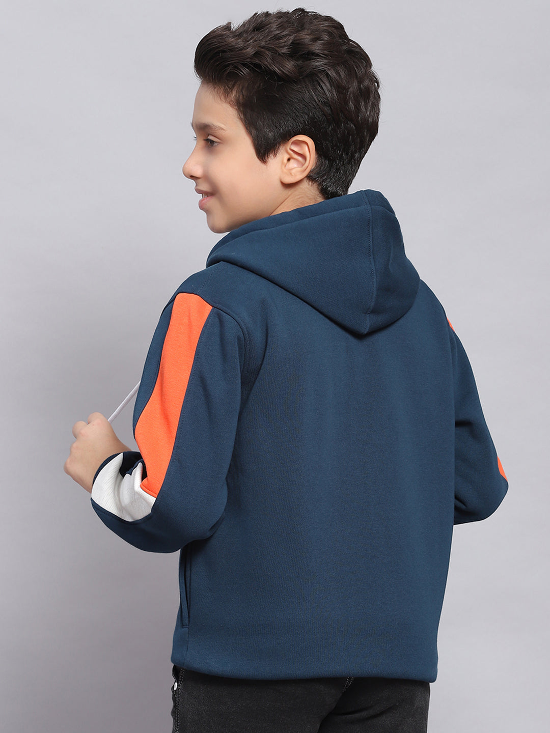 Boys Teal Blue Printed Hooded Full Sleeve Sweatshirt