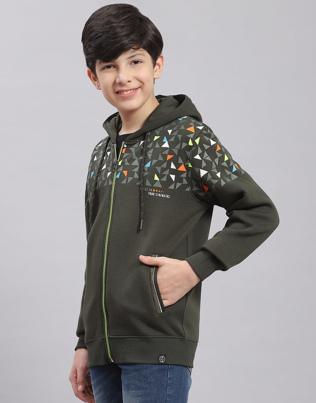 Boys Olive Printed Hooded Full Sleeve Sweatshirt