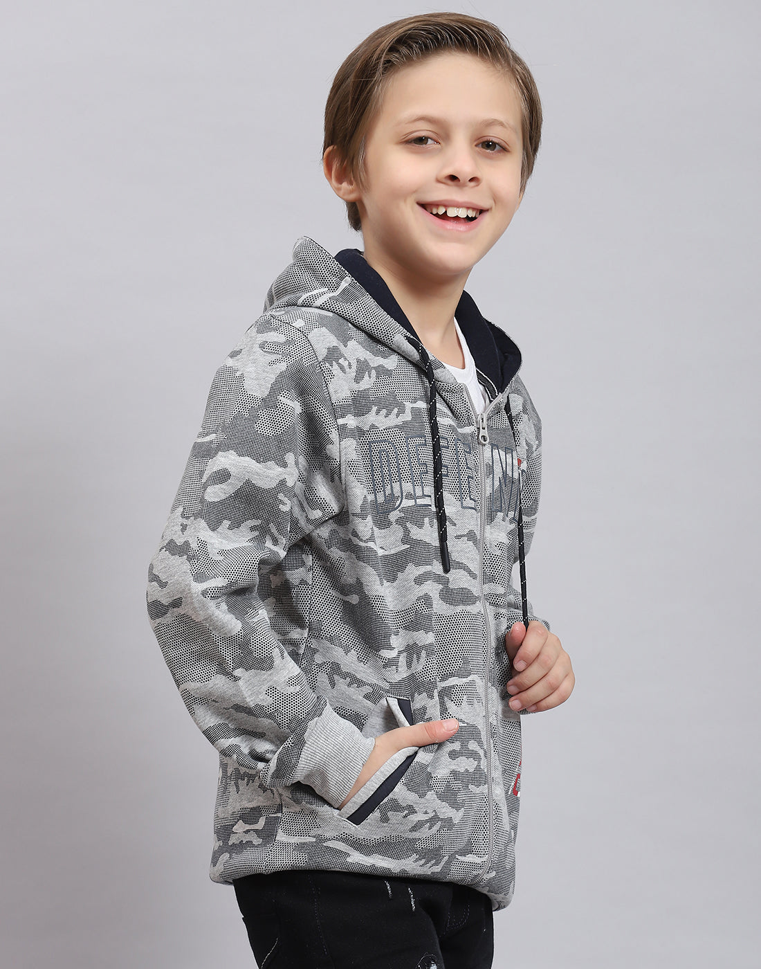 Boys Grey Melange Printed Hooded Full Sleeve Sweatshirt