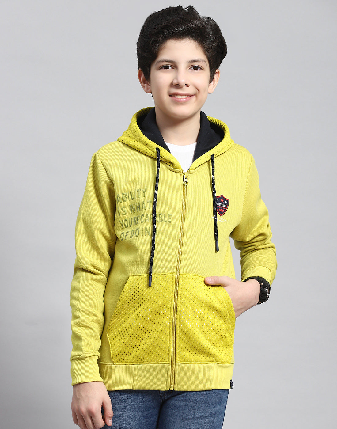 Boys Green Printed Hooded Full Sleeve Sweatshirt