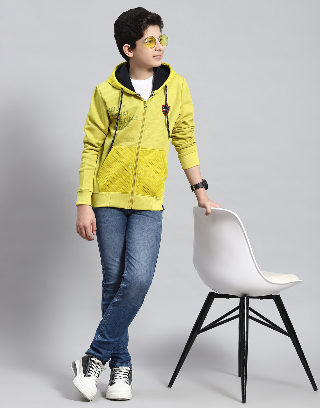 Boys Green Printed Hooded Full Sleeve Sweatshirt