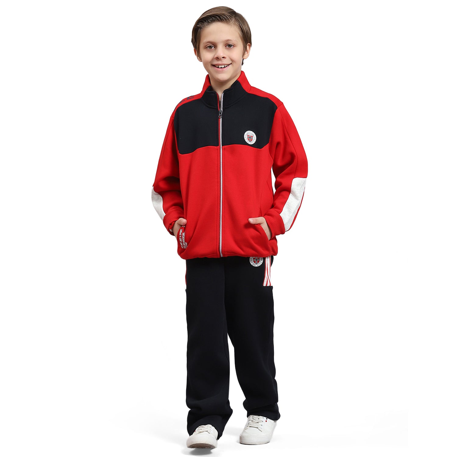 Boys Red Printed Stand Collar Full Sleeve Tracksuit