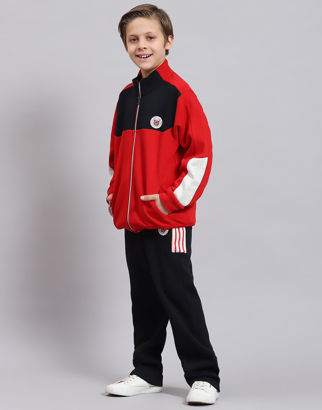 Boys Red Printed Stand Collar Full Sleeve Tracksuit