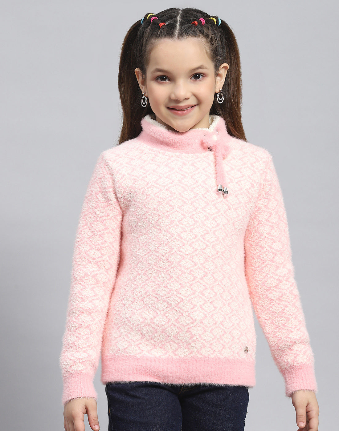 Girls Pink Self Design H Neck Full Sleeve Sweater