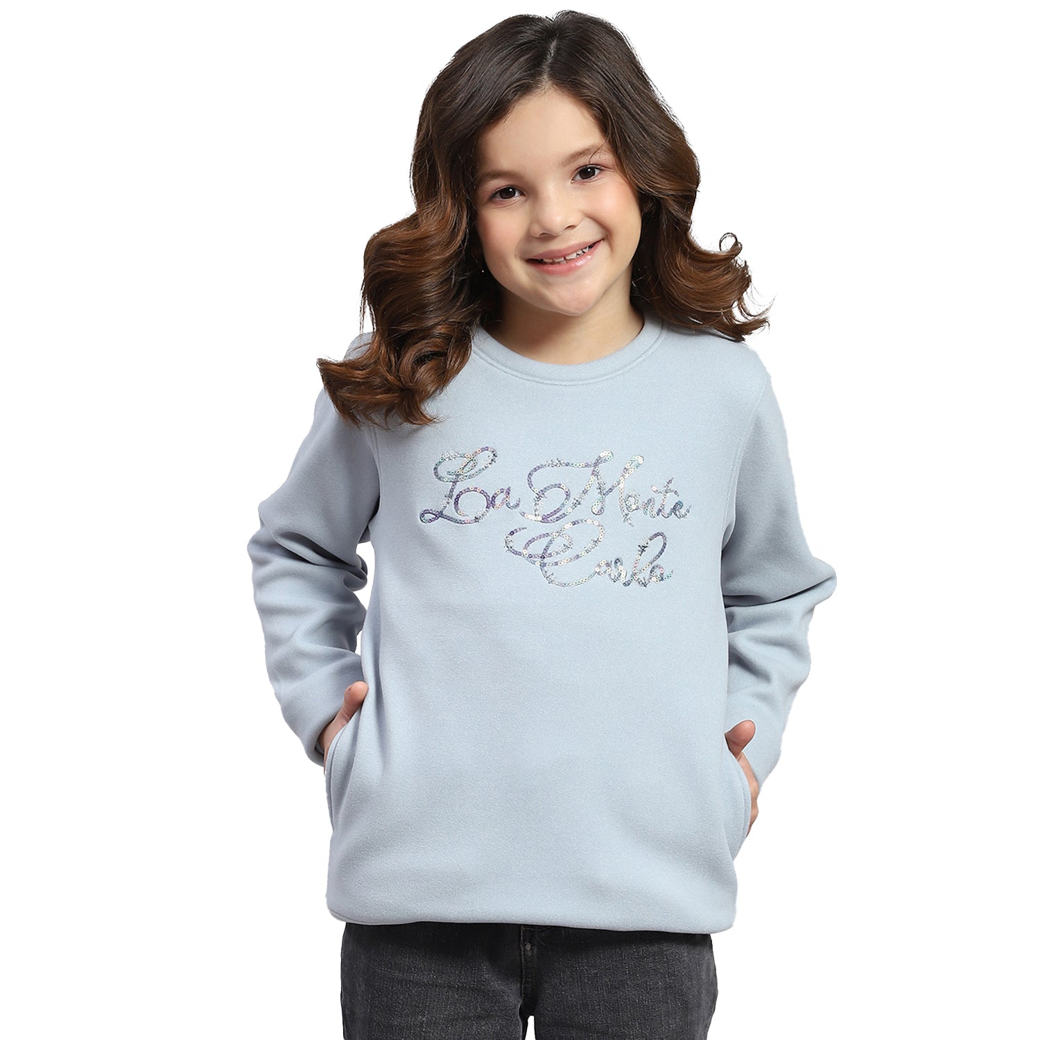 Girls Blue Embroidered Round Neck Full Sleeve Sweatshirt