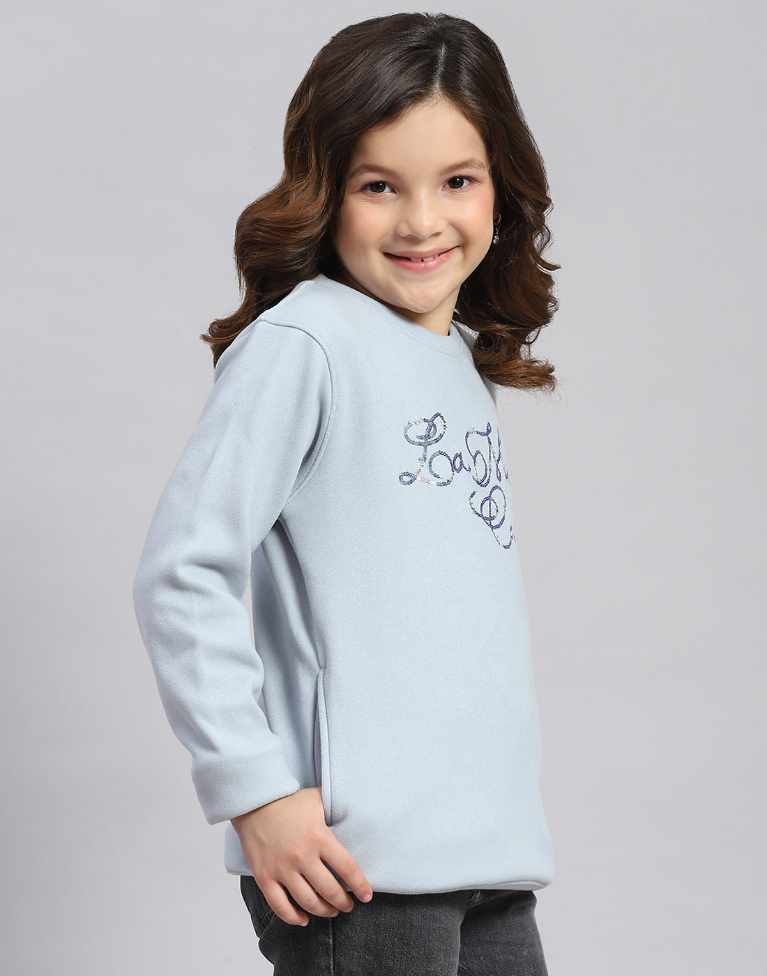 Girls Blue Embroidered Round Neck Full Sleeve Sweatshirt