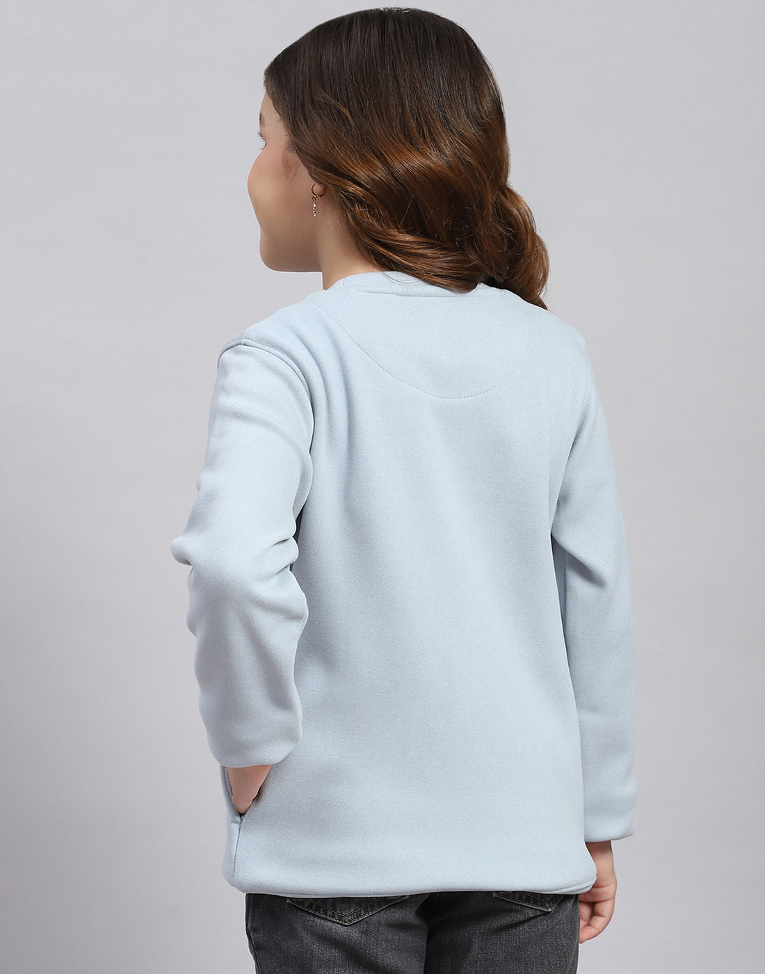 Girls Blue Embroidered Round Neck Full Sleeve Sweatshirt