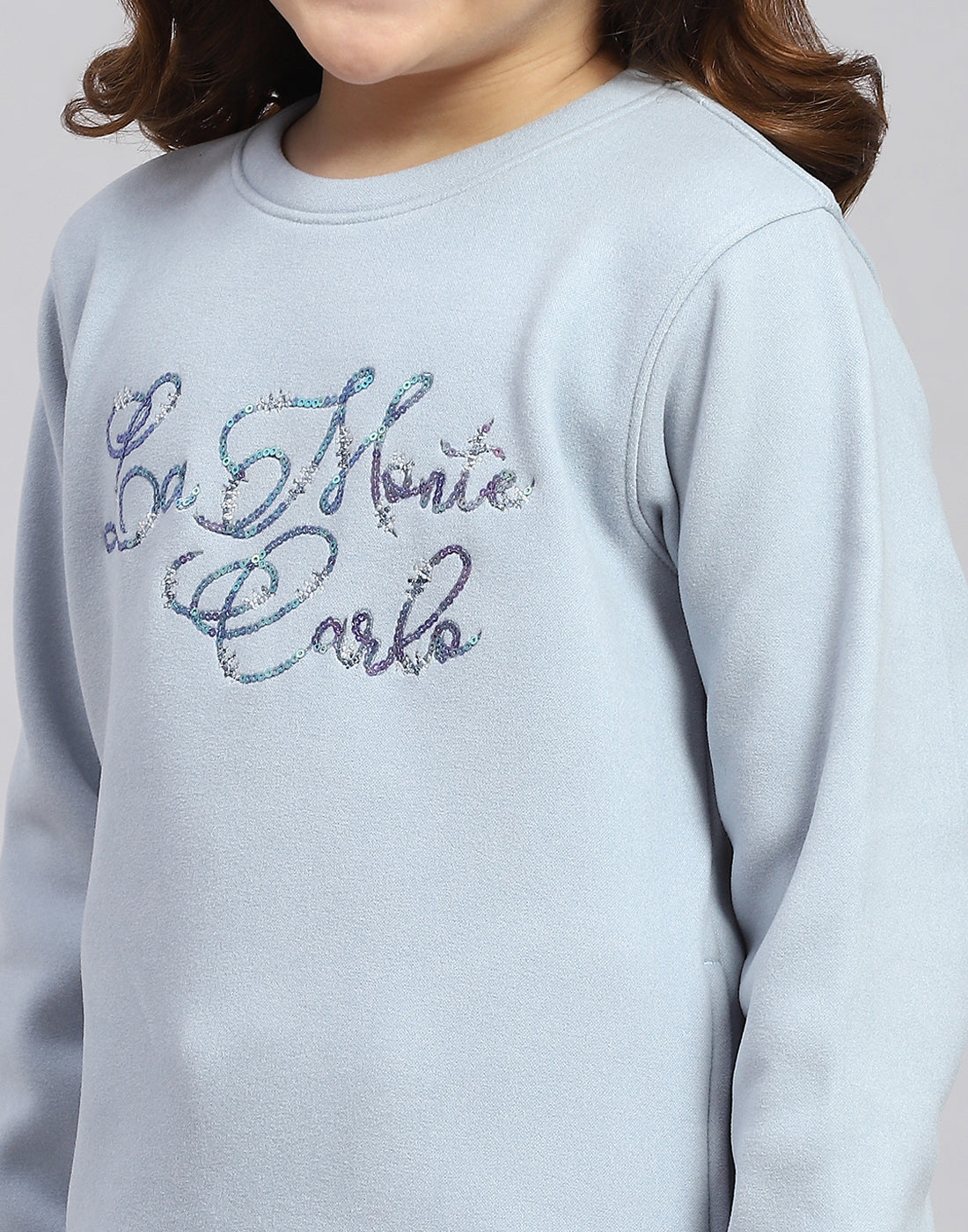 Girls Blue Embroidered Round Neck Full Sleeve Sweatshirt